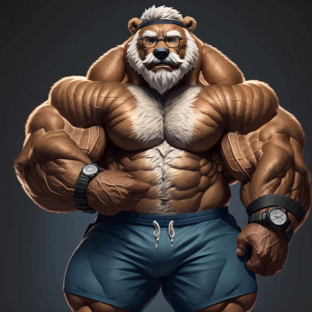 solo, 1boy, Huge Muscular Old Grizzly Bear wearing glasses , pectoral, huge pectoral, wide pectoral, short white hair, short pants, black wristbands, watch and shirtless and topless, bearded, Mustache, simple background, masterpiece, high detailed, 8k, high resolution, at the gym, double biceps arms flex, veins popping