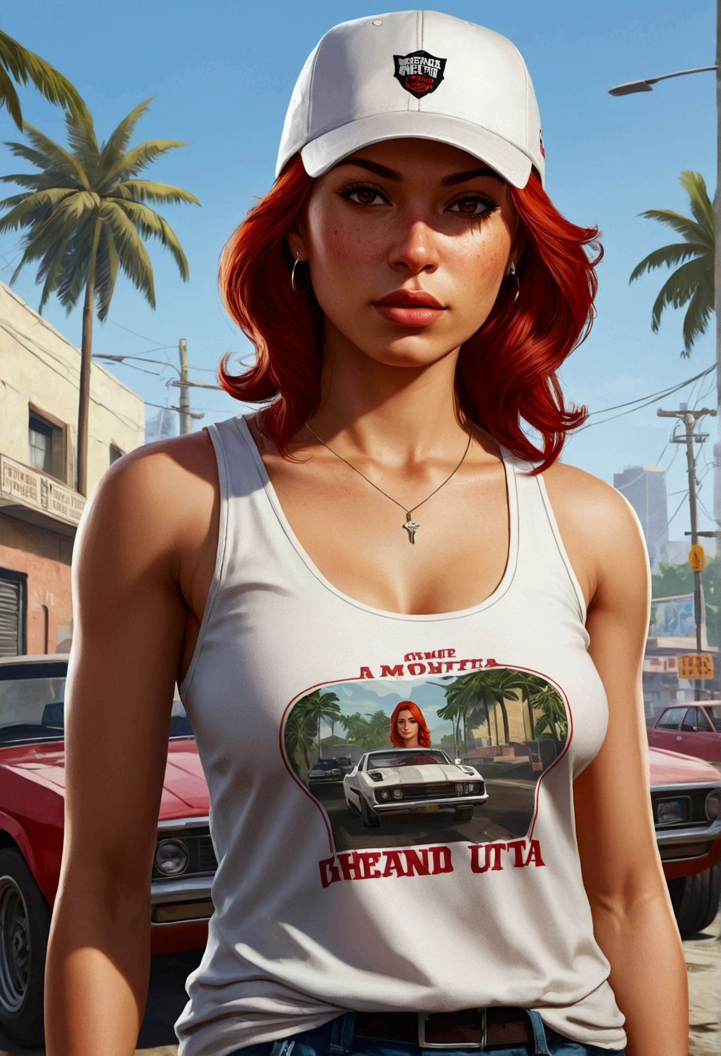 Make a redhead Latina girl character with a white tank top in a portrait style artwork from the Grand Theft Auto franchise Make her with a cap on her head