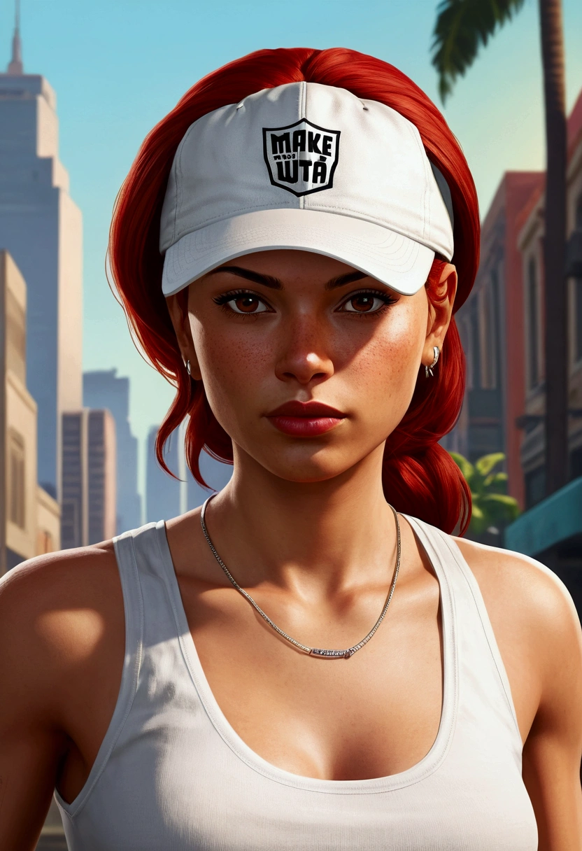 Make a redhead Latina girl character with a white tank top in a portrait style artwork from the Grand Theft Auto franchise Make her with a cap on her head