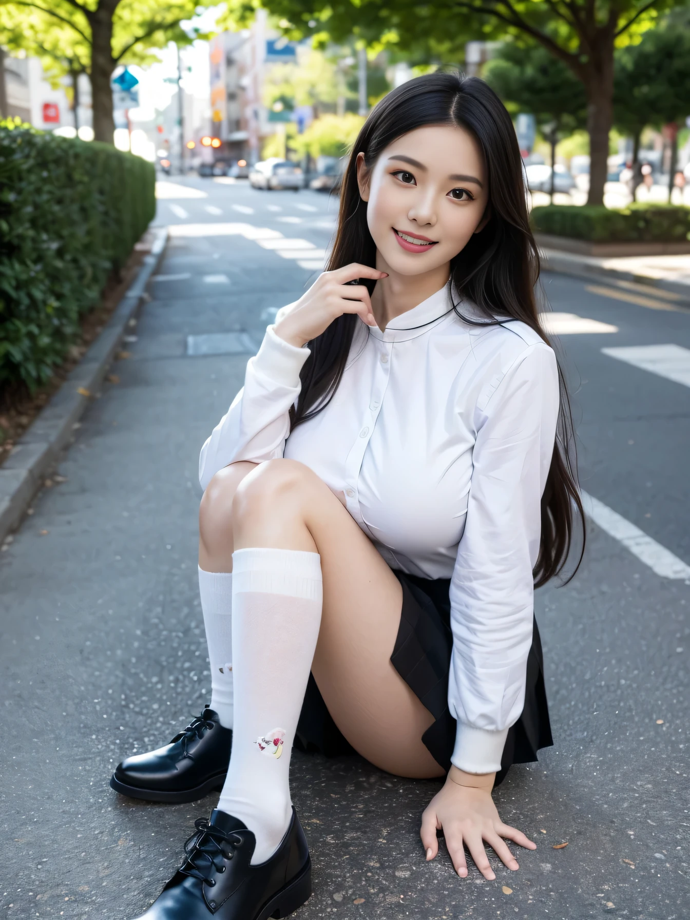 ((One girl)), ((Highest quality)), (Very detailed), (Very detailed CG synthesis 8k wallpaper), Very detailed, High-resolution RAW color photos, Professional photography, Black Hair, Long Hair、Great face and eyes、smile, (((Beautiful big breasts))), (1 stunningly beautiful girl), (((depicted in detail、Realistic finger joints)))、Depth of written boundary、Hands are clearly visible、depicted in detail、Realistic finger joints、Realistic hands and feet、Perfect anatomical detail、The knuckles of the hands and fingers are clearly visible
(((Woman in uniform))), (((Japanese High 、Black knee-high socks))), White blouse, Pleated skirt, ribbon, Black knee-high socks, Leather shoes, ((Sidewalks in the city)), sunny day, Sunlight filtering through the trees, Walking with a smile