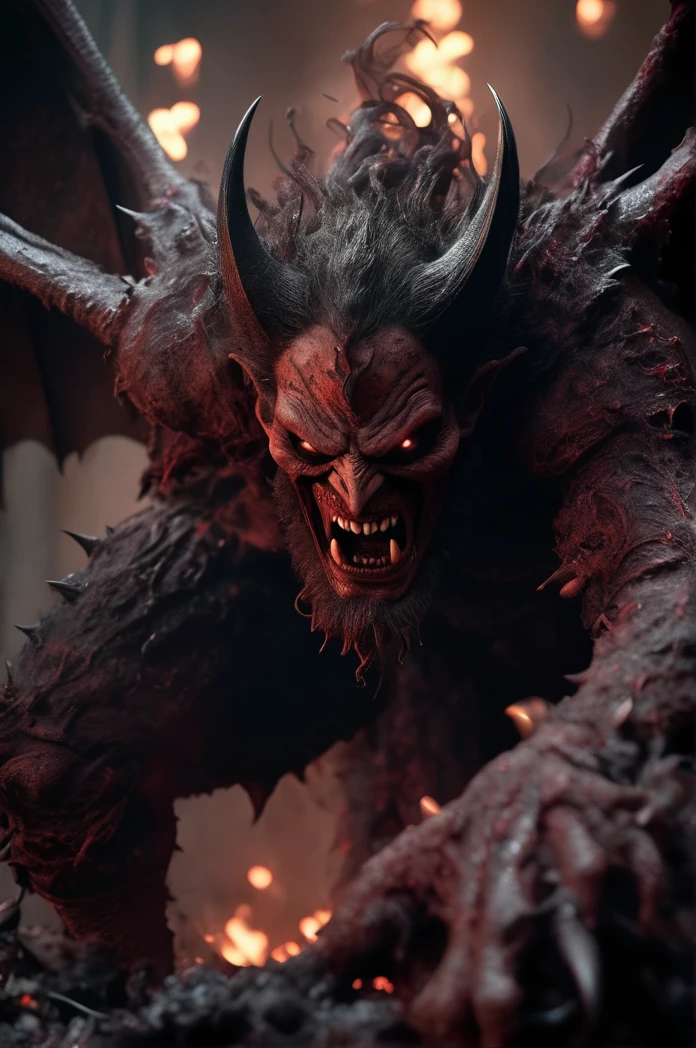 Horror-themed movie stills,A terrifying red-skinned male demon king, (Full body portrait:1.3), (Detailed monstrous evil face:1.4), shout, Large, bat-like wings, (Detailed scaly skin texture:1.2), Long curved corner, (In hell, Swirling Souls of Anguish, Rising Smoke:1.5), Black Spiky Armor,, Shallow depth of field, Vignette, Very detailed, High budget, Bokeh, CinemaScope, Sulky, amazing, nice, Film Grain, granular . Creepy, Anxious, dark, Creepyな, Suspenseful, strict, Very detailed