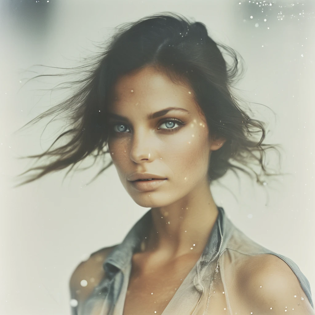 Photograph of a female model, white background,flare all over her face, invisible --ar 4:5 --s 50 --v 6.0 --style raw