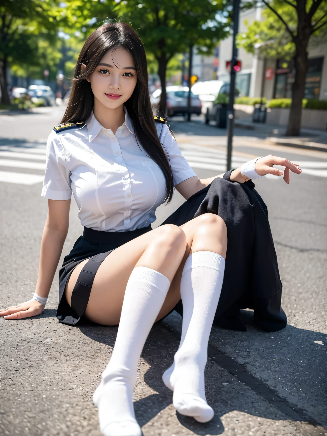 ((One girl)), ((Highest quality)), (Very detailed), (Very detailed CG synthesis 8k wallpaper), Very detailed, High-resolution RAW color photos, Professional photography, Black Hair, Long Hair、Great face and eyes、smile, (((Beautiful big breasts))), (1 stunningly beautiful girl), (((depicted in detail、Realistic finger joints)))、Depth of written boundary、Hands are clearly visible、depicted in detail、Realistic finger joints、Realistic hands and feet、Perfect anatomical detail、The knuckles of the hands and fingers are clearly visible
(((Woman in uniform))), (((Japanese High 、Black knee-high socks))), White blouse, Pleated skirt, ribbon, Black knee-high socks, Leather shoes, ((Sidewalks in the city)), sunny day, Sunlight filtering through the trees, Walking with a smile
