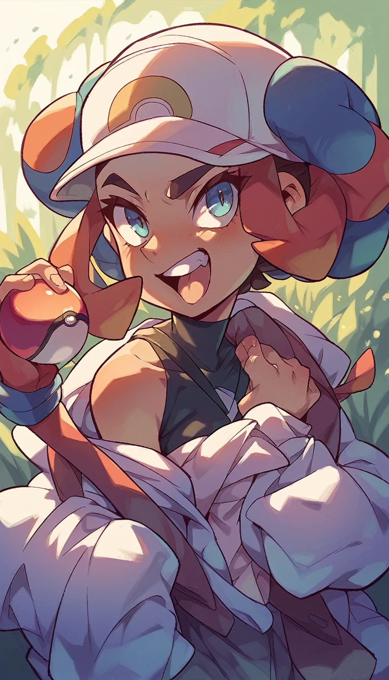 Pussy,Explicitly colored genitals,Brown Hair,Big collar、A garment with an open chest design,Exposed breasts,Pants with no fabric in the crotch area,露出したPussy,(beige skin,Beige breasts,Beige thighs,Pink nipples,)Light blue eyes,A picture of a woman holding a monster ball, Pokemon Misty, Gainax Anime Style, Also, Masamune Shirow, Inspired by Rei Kamoi, inspired by Un'ichi Hiratsuka, Singey, Cool pose, dramatic Grin pose, Female protagonist 👀 :8, Grin, rei hiroe