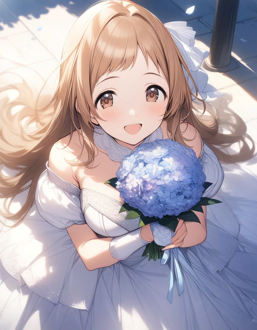 (masterpiece),(best quality),(ultra-detailed),(best illustration),(best shadow),(absurdres),(detailed background),(very aesthetic), 1girl, solo, mano sakuragi, brown eyes, brown hair, medium breasts, white wedding dress, holding blue bouquet, smile ,hair ribbon,32k , hair tie ,very long hair , open mouth smile,