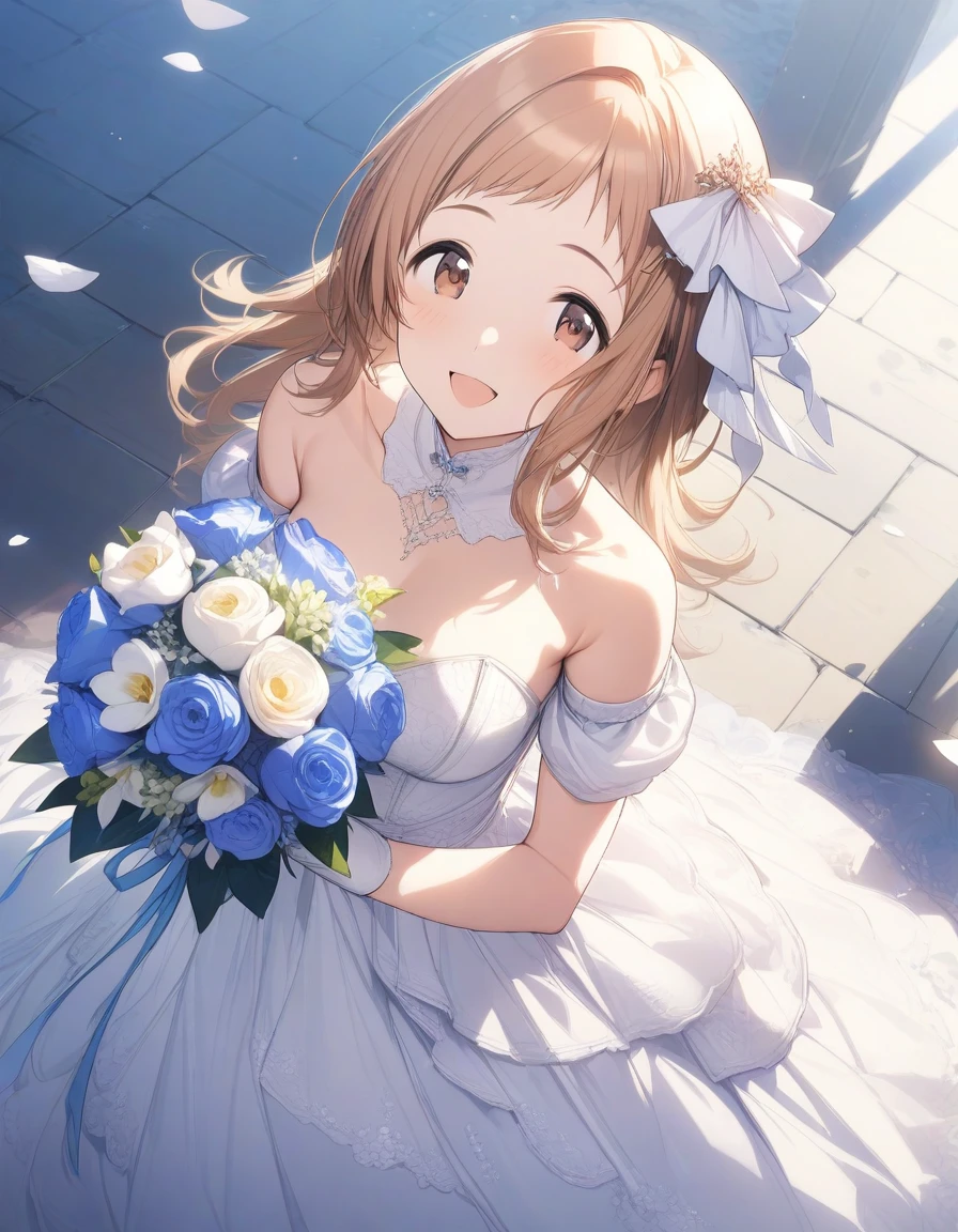 (masterpiece),(best quality),(ultra-detailed),(best illustration),(best shadow),(absurdres),(detailed background),(very aesthetic), 1girl, solo, mano sakuragi, brown eyes, brown hair, medium breasts, white wedding dress, holding blue bouquet, smile ,hair ribbon,32k , hair tie ,very long hair , open mouth smile,