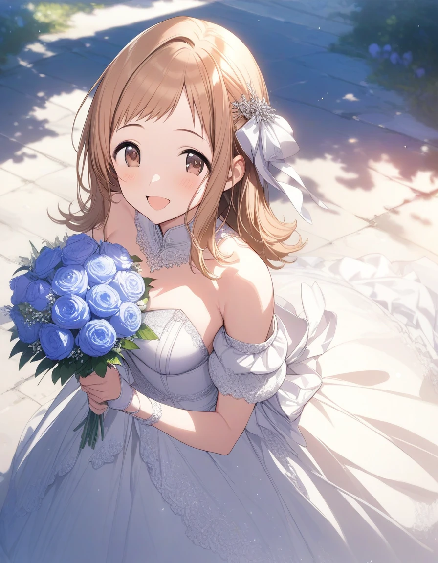 (masterpiece),(best quality),(ultra-detailed),(best illustration),(best shadow),(absurdres),(detailed background),(very aesthetic), 1girl, solo, mano sakuragi, brown eyes, brown hair, medium breasts, white wedding dress, holding blue bouquet, smile ,hair ribbon,32k , hair tie ,very long hair , open mouth smile,