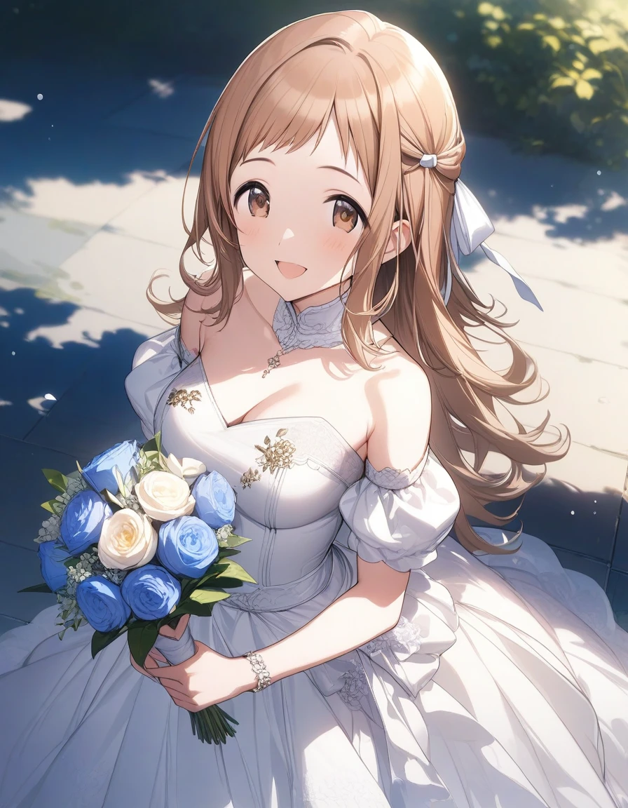 (masterpiece),(best quality),(ultra-detailed),(best illustration),(best shadow),(absurdres),(detailed background),(very aesthetic), 1girl, solo, mano sakuragi, brown eyes, brown hair, medium breasts, white wedding dress, holding blue bouquet, smile ,hair ribbon,32k , hair tie ,very long hair , open mouth smile,