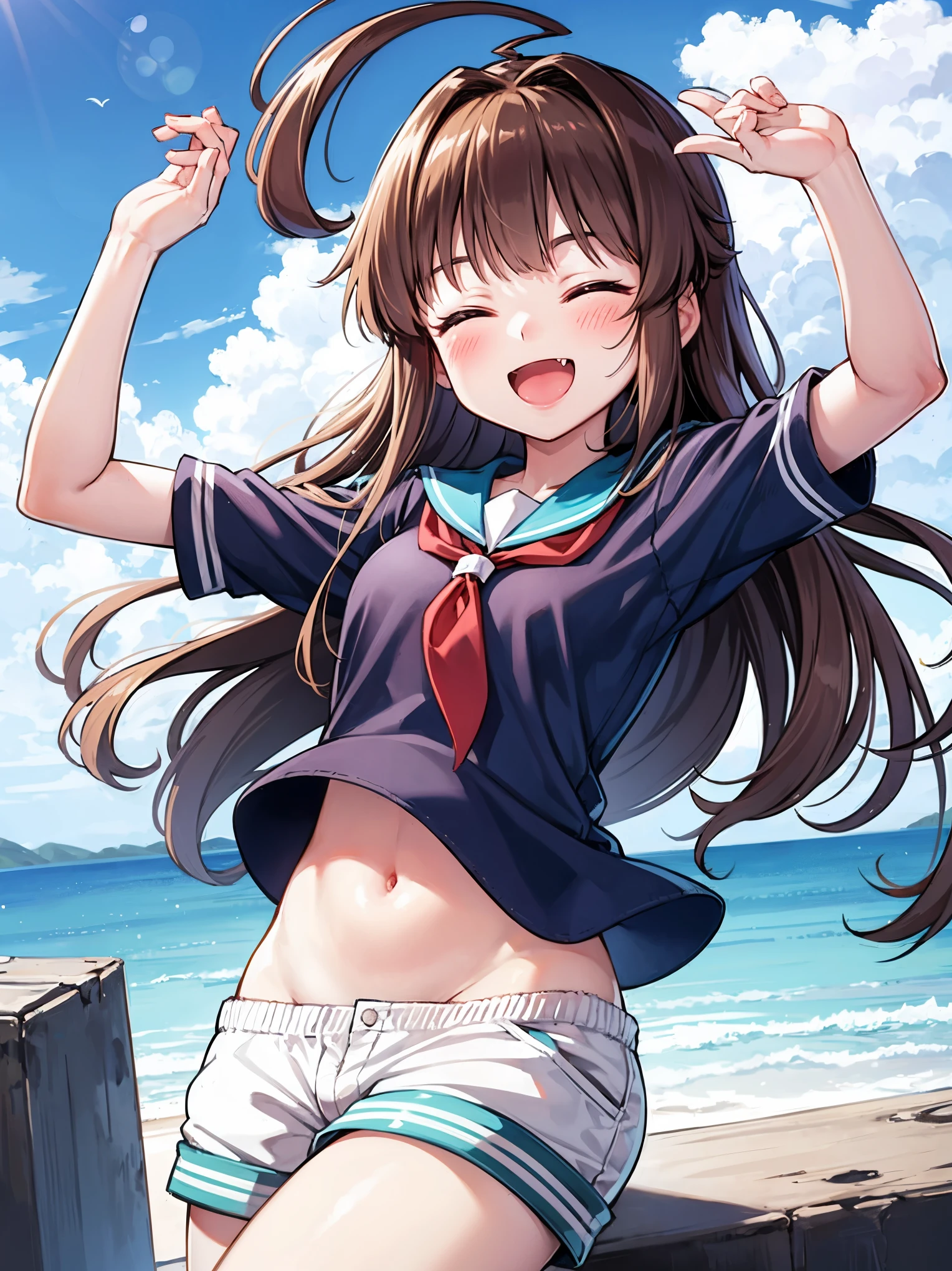 1young__ girl,  brown_hair, long_hair, sailor_uniform,white_ baggy_shorts, short_sleeve, thighs, small_breasts, big_smile, open_mouth, fang, harbor_landscape_background, slightly_spread_legs, happiness, covered_crotch,ahoge,XD,exciting_posing,closed_eyes