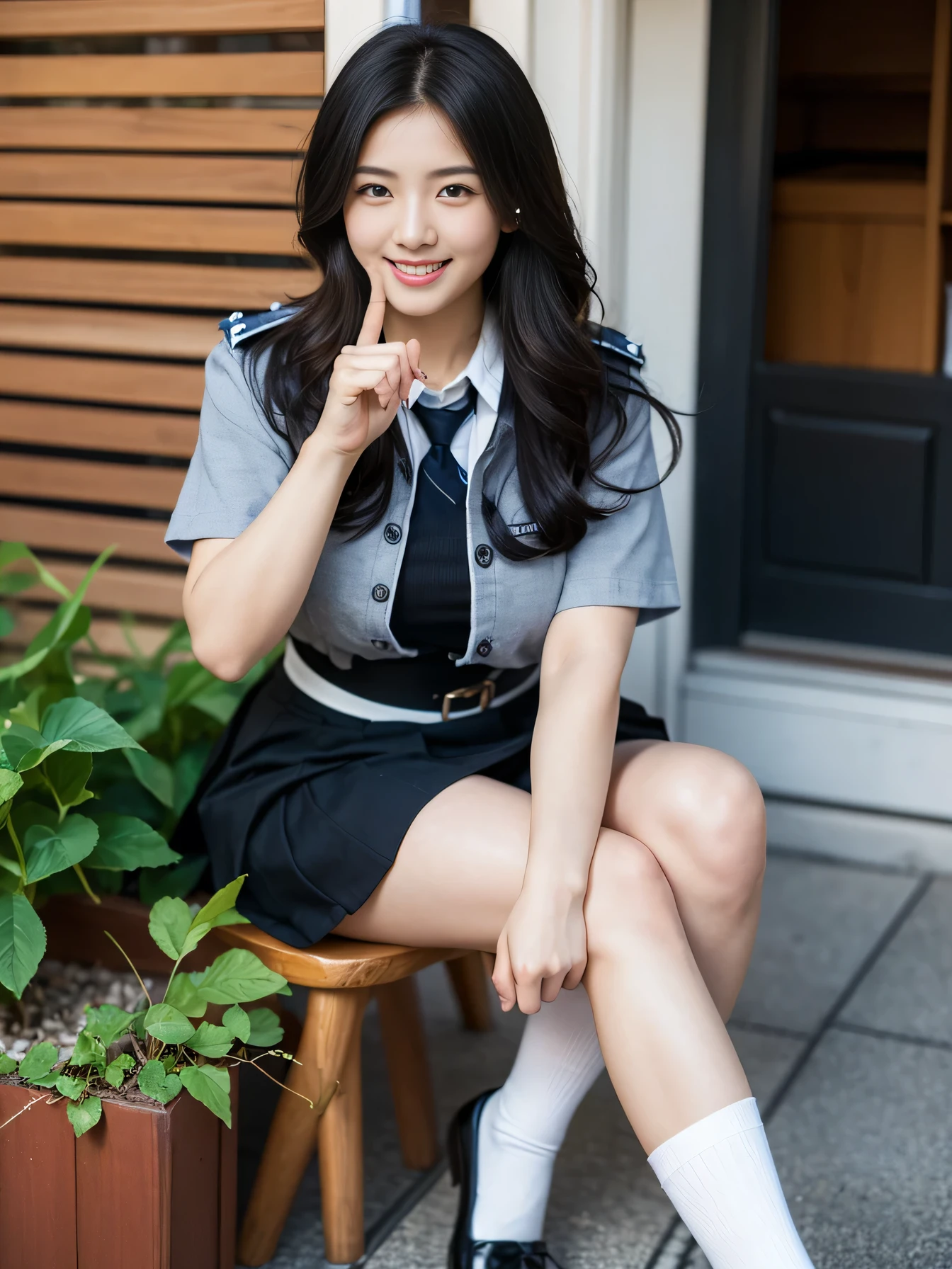 ((One girl)), ((Highest quality)), (Very detailed), (Very detailed CG synthesis 8k wallpaper), Very detailed, High-resolution RAW color photos, Professional photography, Black Hair, Long Hair、Great face and eyes、smile, (((Beautiful big breasts))), (1 stunningly beautiful girl), (((depicted in detail、Realistic finger joints)))、Depth of written boundary、Hands are clearly visible、depicted in detail、Realistic finger joints、Realistic hands and feet、Perfect anatomical detail、The knuckles of the hands and fingers are clearly visible
(((Woman in uniform))), (((Japanese High School Uniform))), White blouse, Pleated skirt, ribbon, Black knee-high socks, Leather shoes, ((Cafes in the city)), Sunny terrace seating, holding a coffee cup, Smiling






