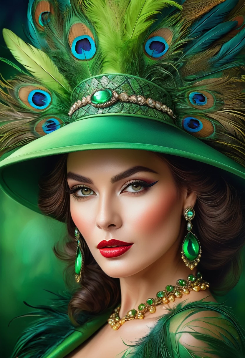 Vibrant woman portrait, adorned in a luxurious green hat with exquisite feathers, captivating airbrush technique, showcased on the prestigious CG Society platform, a fusion of fantasy elements, meticulous 4K oil painting, a celebration of rich and opulent colors, exuding elegance and vibrancy, a fabulous and detailed illustration. Created by the artist Paola Salome.