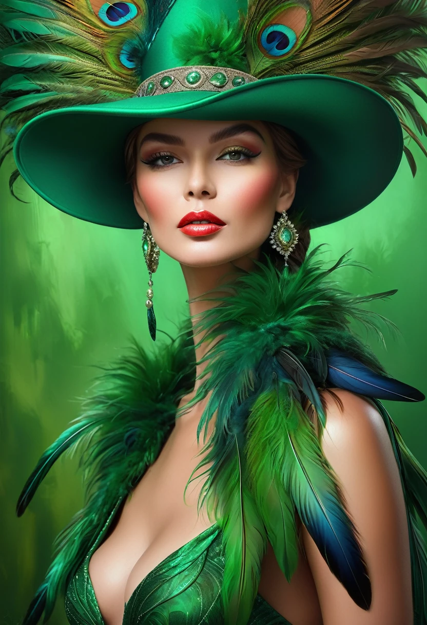 Vibrant woman portrait, adorned in a luxurious green hat with exquisite feathers, captivating airbrush technique, showcased on the prestigious CG Society platform, a fusion of fantasy elements, meticulous 4K oil painting, a celebration of rich and opulent colors, exuding elegance and vibrancy, a fabulous and detailed illustration. Created by the artist Paola Salome.