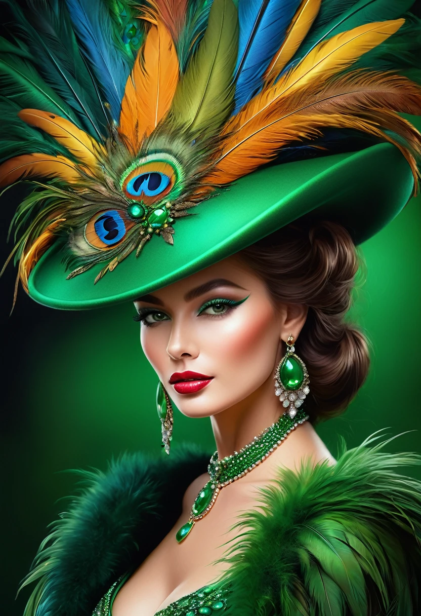 Vibrant woman portrait, adorned in a luxurious green hat with exquisite feathers, captivating airbrush technique, showcased on the prestigious CG Society platform, a fusion of fantasy elements, meticulous 4K oil painting, a celebration of rich and opulent colors, exuding elegance and vibrancy, a fabulous and detailed illustration. Created by the artist Paola Salome.