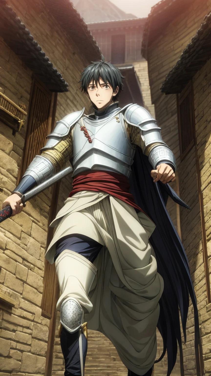 okkotsu yuta,Medieval knight, riding a horse, wearing iron armor, holding a sword, in front of a castle,Anime_journey_style