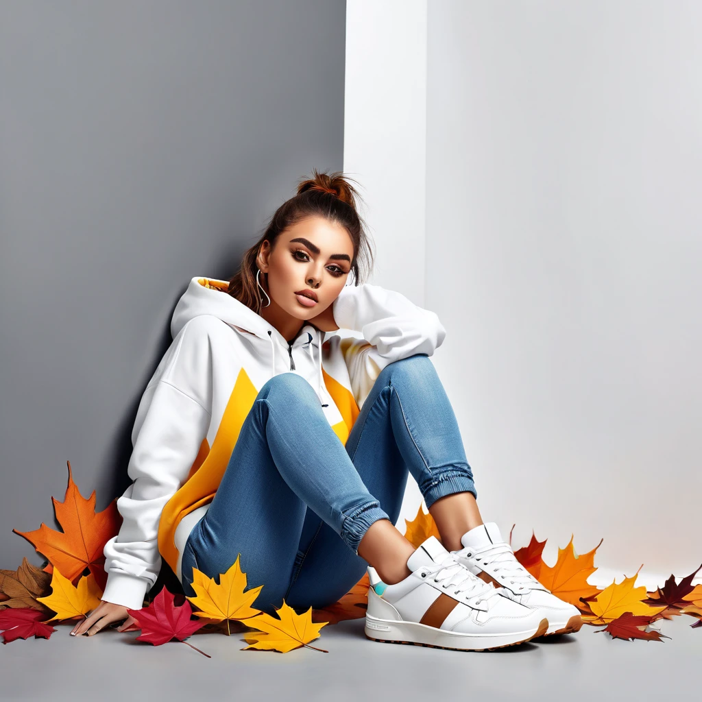Design an image for the main banner of an urban sneaker store for the "Autumn Winter" season. The image should include a full-body woman, lying on her back with her legs bent up, wearing trendy urban sneakers. The sneakers should be the main focal point, with bright colors and sharp details. The background should be white and minimalist to highlight the shoes