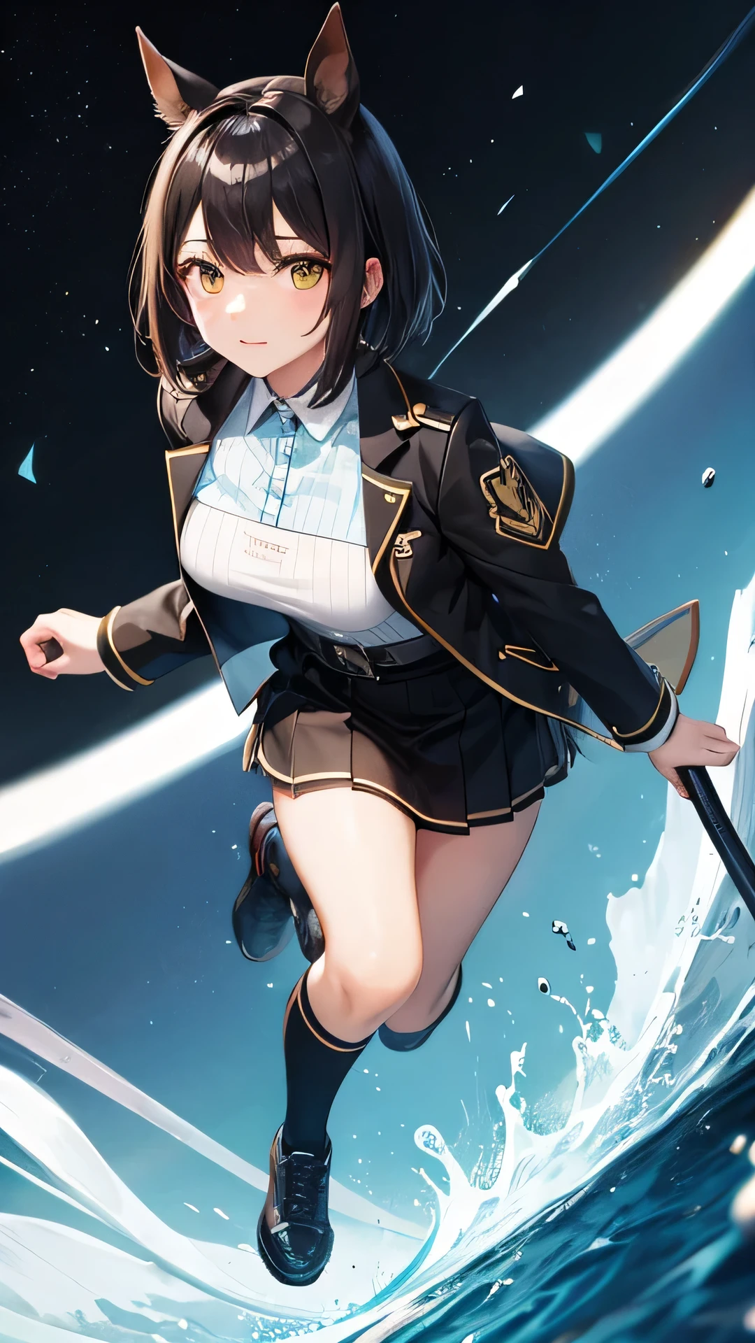 Full Body Focus,Deep Impact personified,Horse-eared beauty,Horse tail,Horse Girl,Based on black, yellow and blue、Clothing with a lightning motif,Highest quality,Sharp focus,Short hair with bangs