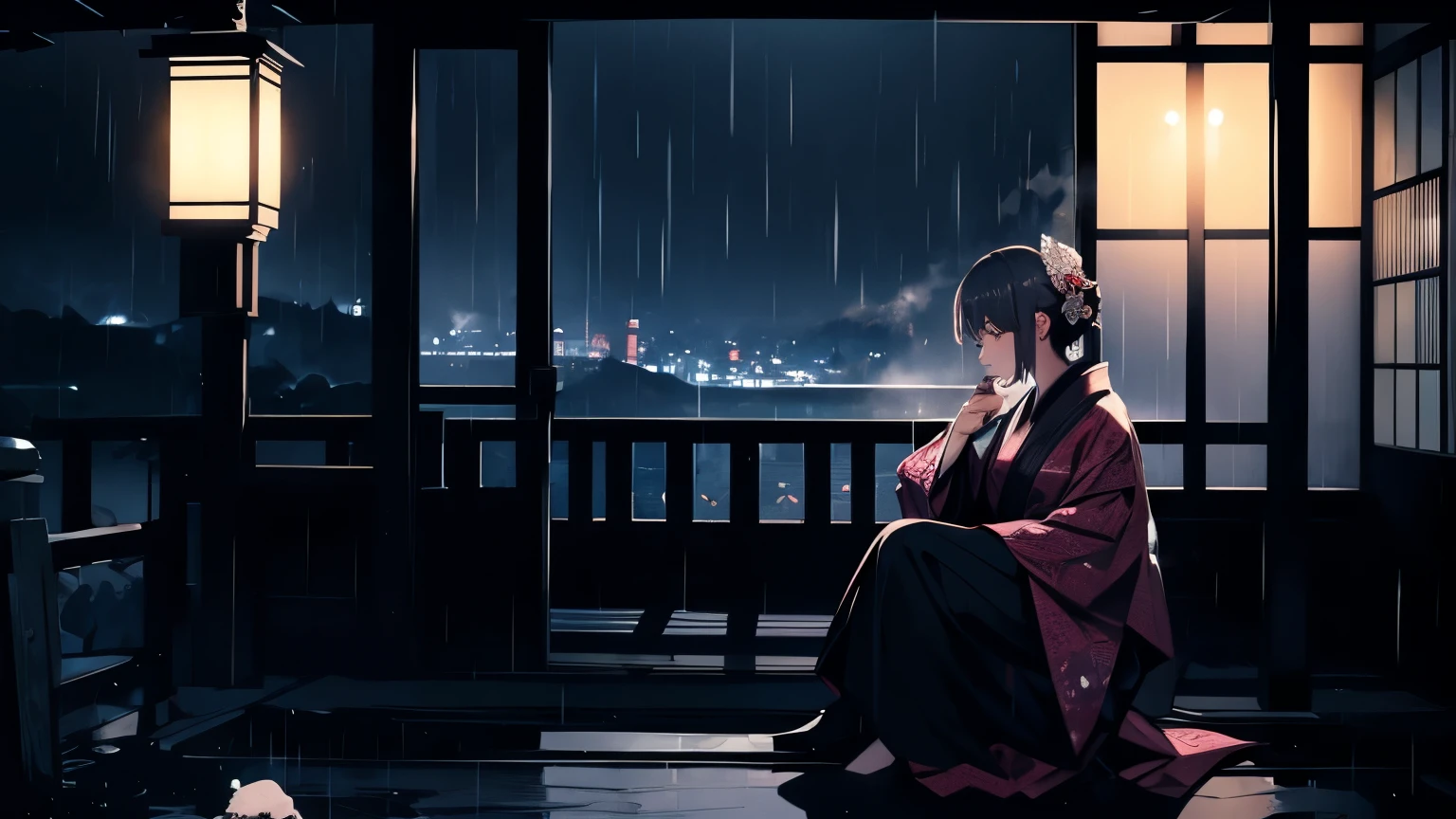 girl, smoking a cigarette, sitting at a porch, looking cold, dramatic scenery raining, lamb lighting the area, 8k, high res, masterpiece, beautifully made, kimono, japanese estate