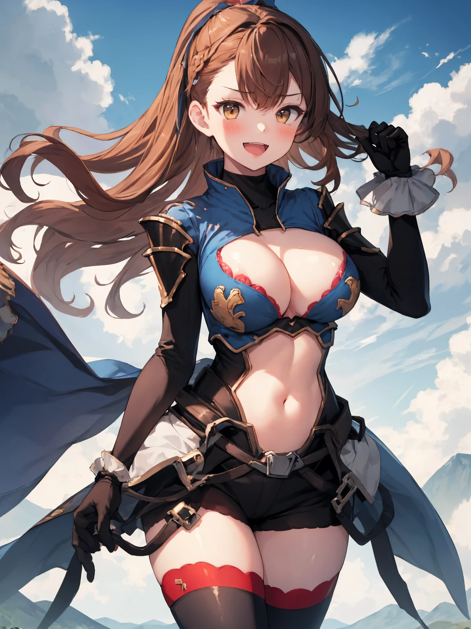 masterpiece, best quality, 1teen_girl,def,beatrix, ponytail, hair ribbon, gauntlets, blue shirt, gloves, cleavage cutout, looking at viewer, big_smile, large breasts, sky_landscape_background ,,happy,covered_nipples,young_teen,full_of_beans,,laugh,blush,open_mouth,thigh-highs, glower,open_legs,rise_knee,(angry:0.8)