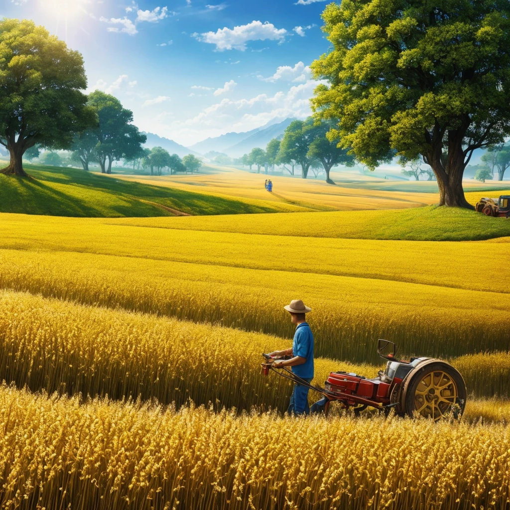 Masterpiece, best quality, (very detailed CG unified 8k wallpaper) (best quality), (best illustration), (best shade) nature harvest wheat, super meticulous --v6, people working in the fields