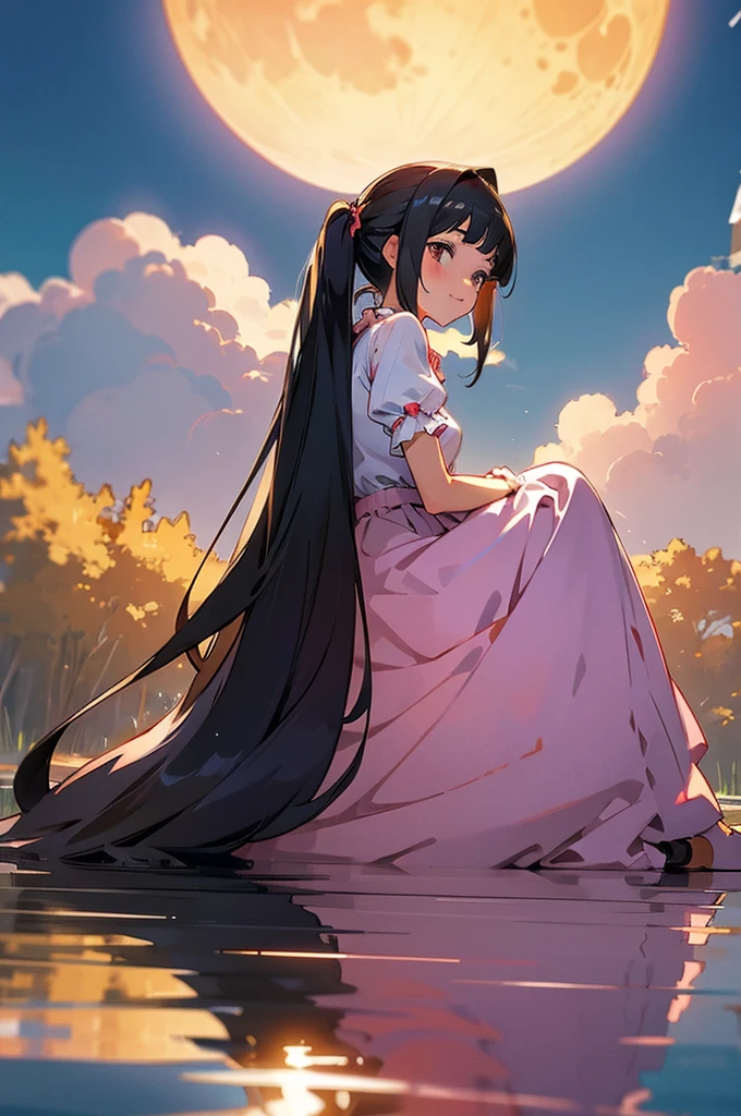 masterpiece, best quality, ultra detailed, outdoors, nature ,shore, {simple background} ,reflective water, a girl, idol, happy, smiling, sitting on the floor, looking away ,medium twintail, black hair, {{curly}}, black hair, odd eyes, droopy eyes, pale skin, beautiful breasts, {{{pink ta Costume}}}, {mini-skirt} , {with a perfect circle of one full moon} , in the evening, nostalgic atmosphere, cel anime, full body shot, on right, from behind, golden ratio, golden hour, directional light, in focus with blurred background, dark_pink