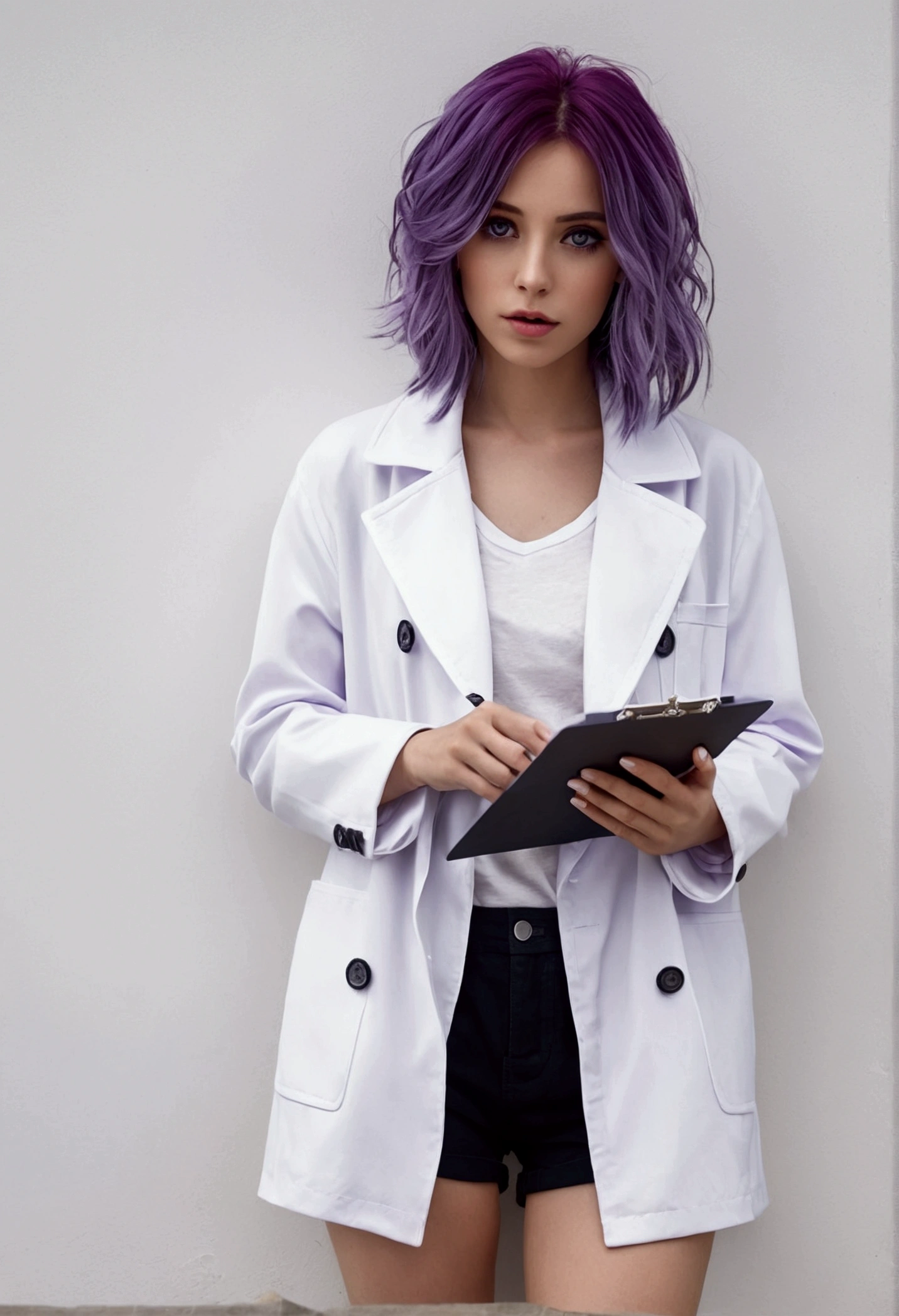 8K exquisite perfect real 2D purple hair long eyes black young sex wearing white coat, Legs in shorts, Delicate face, Mature figure(Full body image)Leaning against a white wall, Holding a clipboard,Looking ahead, her face was frosty