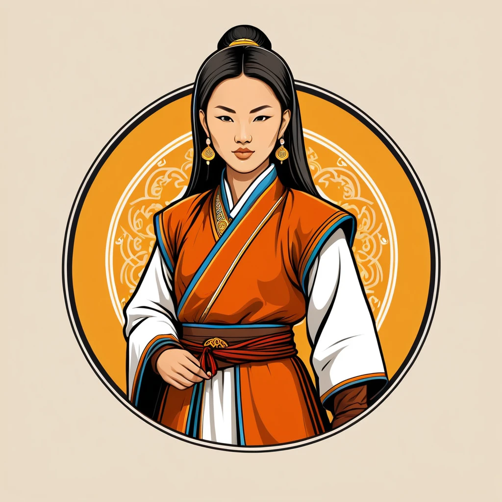 female monk in mongolian folk outfit, vector graphics, strong contours, logo design

