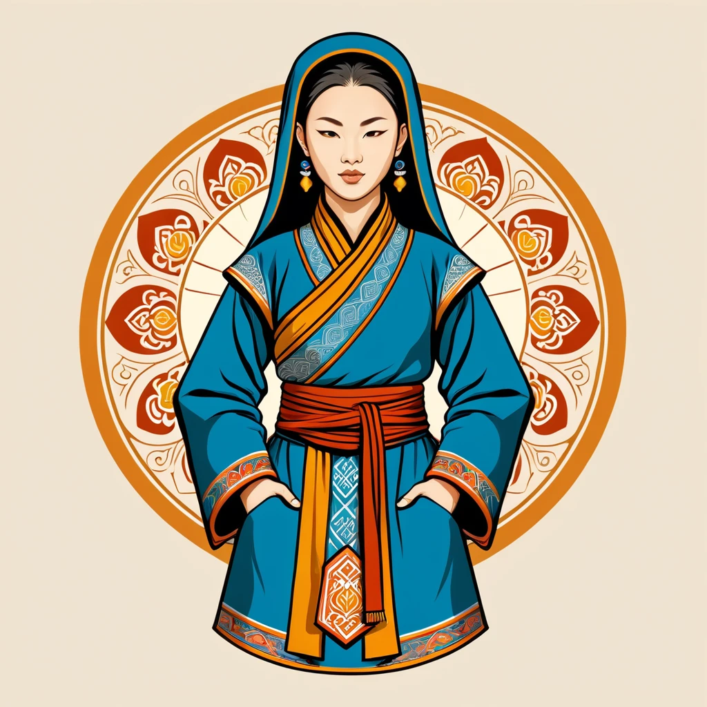 female monk in mongolian folk outfit, vector graphics, strong contours, logo design
