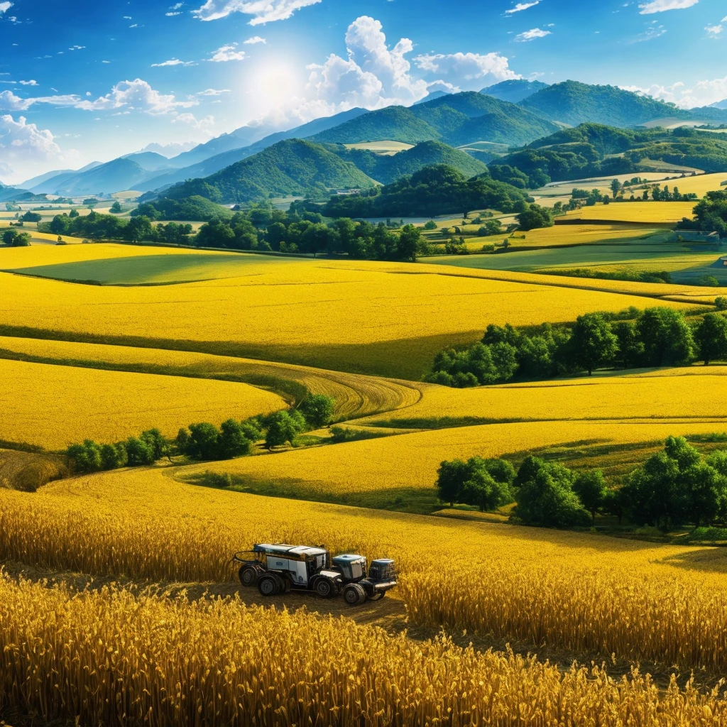 Masterpiece, best quality, (very detailed CG unified 8k wallpaper) (best quality), (best illustration), (best shade) nature harvest wheat, super meticulous --v6, people working in the fields