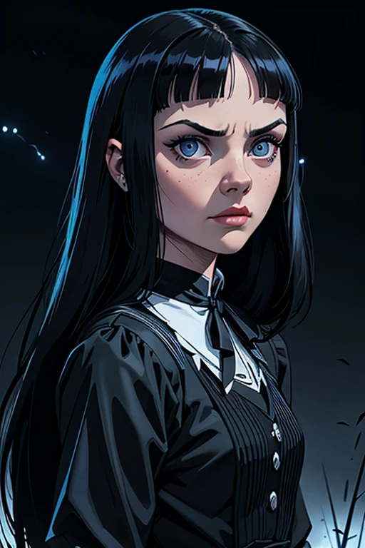 Highly detailed digital illustrations, High resolution, masterpiece, (Wednesday Adams as Chr1st1naR1cc1), Black Hair, (Twin Blade:1.2), 18 years, Cowboy Shot,
Long Hair, View your viewers, (Black dress with white polka dots, With white-collar), bangs, Iris, dagger, Sulky face, Glare,
At night, Dark ambient lighting, , Wednesday Addams aka Christina Ricci, lightning