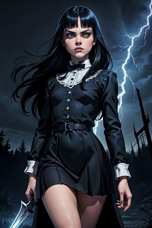 Highly detailed digital illustrations, High resolution, masterpiece, (Wednesday Adams as Chr1st1naR1cc1), Black Hair, (Twin Blade:1.2), 18 years, Cowboy Shot,
Long Hair, View your viewers, (Black dress with white polka dots, With white-collar), bangs, Iris, dagger, Sulky face, Glare,
At night, Dark ambient lighting, , Wednesday Addams aka Christina Ricci, lightning
