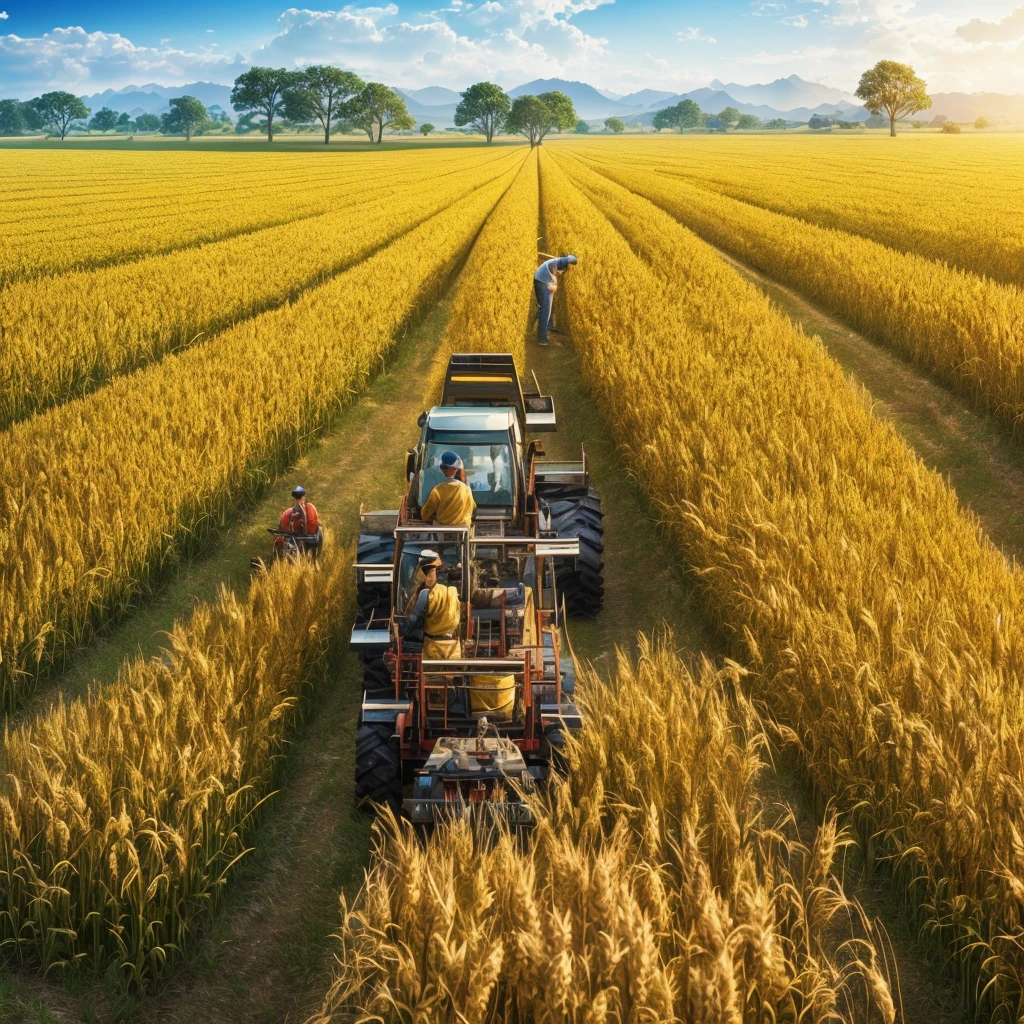 Masterpiece, best quality, (very detailed CG unified 8k wallpaper) (best quality), (best illustration), (best shade) nature harvest wheat, super meticulous --v6, people working in the fields