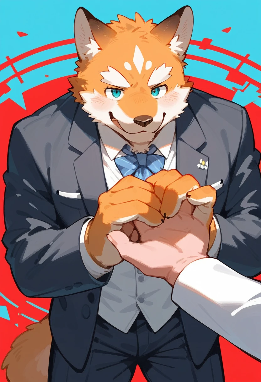 cover page, highres, top quality, best quality, paid reward available, High-quality illustrations, unparalleled masterpiece, perfect artwork, absurdres, super high resolution, detailed background, perfect anatomy, nice 2boys, kemono, suit, furry anthro, Top executives shake hands on the achievement of the project, smile, portrait,
