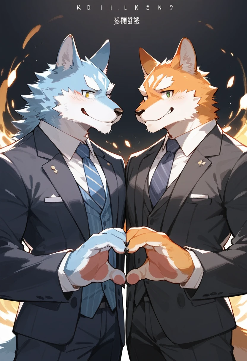 cover page, highres, top quality, best quality, paid reward available, High-quality illustrations, unparalleled masterpiece, perfect artwork, absurdres, super high resolution, detailed background, perfect anatomy, nice 2boys, kemono, suit, furry anthro, Top executives shake hands on the achievement of the project, smile, portrait,