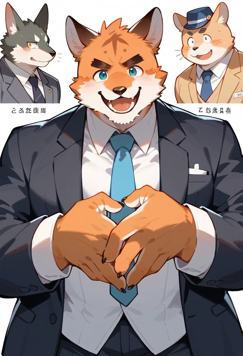 cover page, highres, top quality, best quality, paid reward available, High-quality illustrations, unparalleled masterpiece, perfect artwork, absurdres, super high resolution, detailed background, perfect anatomy, nice 2boys, kemono, suit, furry anthro, Top executives shake hands on the achievement of the project, smile, portrait,
