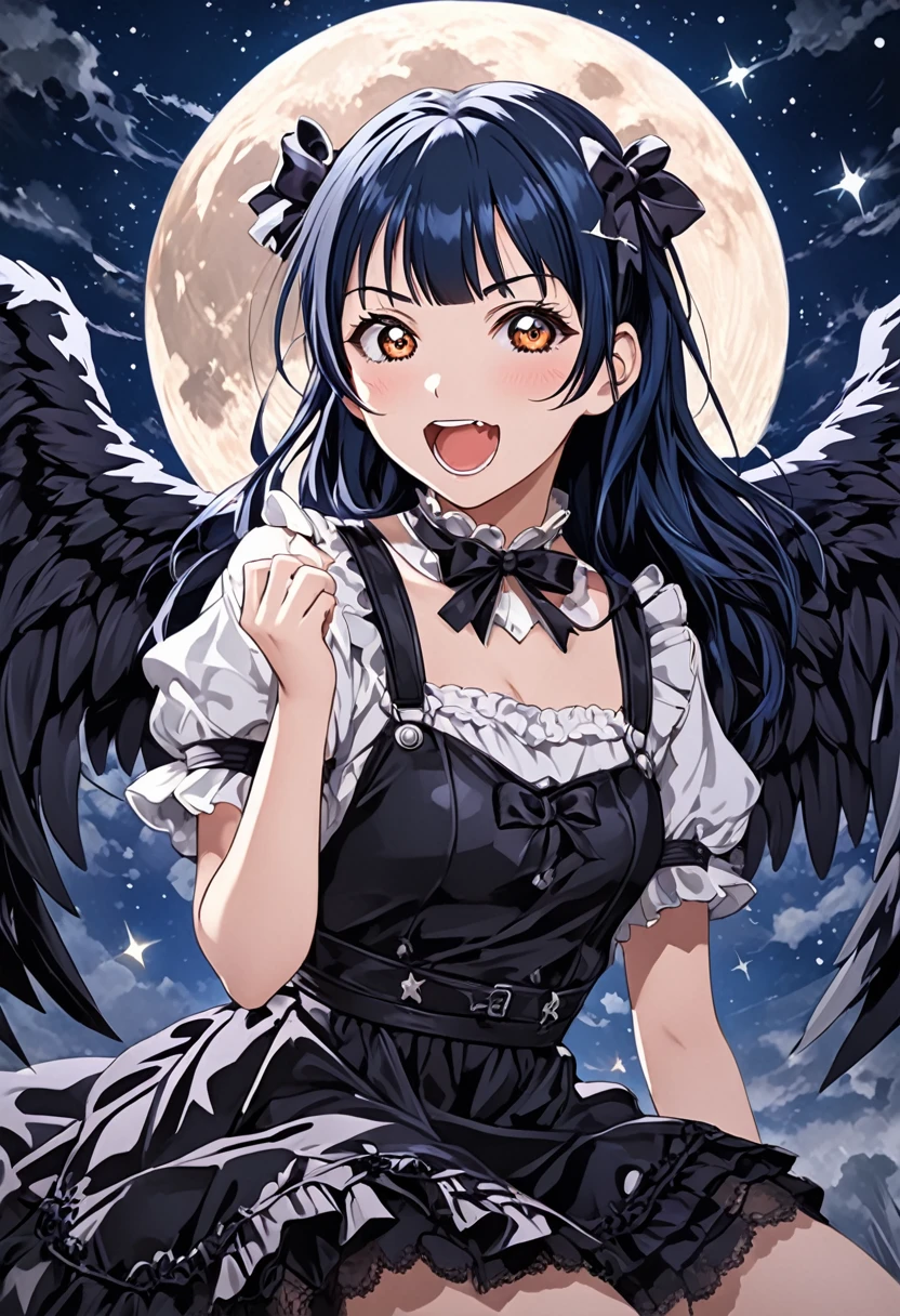 Please draw Tsushima Yoshiko (Yohan), a character from the anime "Love Live! Sunshine!!". She is in her signature dark angel pose, shouting her catchphrase, "Fallen angel Yohane has descended!" Her outfit should be dark gothic ta style, with a black and purple design. In the background, a full moon and stars shining in the night sky create a mysterious atmosphere. The overall style should have vivid, clear lines and colorful colors in the anime style. Oil painting style, dark and heavy colors, unnatural poses and expressions, rough brushstrokes, futuristic gadgets and sci-fi elements, monochrome and sepia tones.