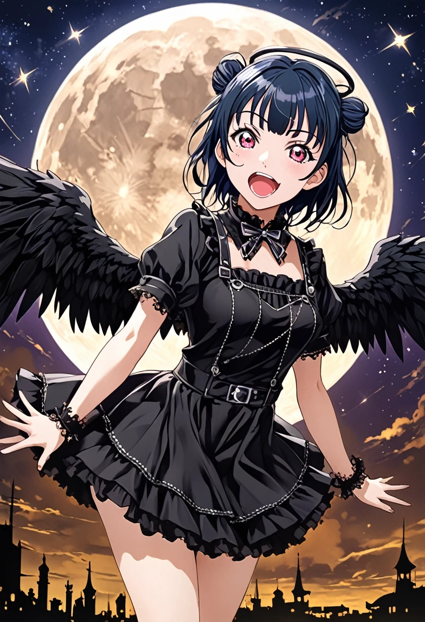Please draw Tsushima Yoshiko (Yohan), a character from the anime "Love Live! Sunshine!!". She is in her signature dark angel pose, shouting her catchphrase, "Fallen angel Yohane has descended!" Her outfit should be dark gothic lolita style, with a black and purple design. In the background, a full moon and stars shining in the night sky create a mysterious atmosphere. The overall style should have vivid, clear lines and colorful colors in the anime style. Oil painting style, dark and heavy colors, unnatural poses and expressions, rough brushstrokes, futuristic gadgets and sci-fi elements, monochrome and sepia tones.