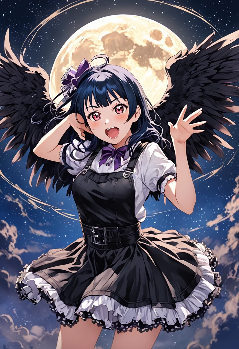 Please draw Tsushima Yoshiko (Yohan), a character from the anime "Love Live! Sunshine!!". She is in her signature dark angel pose, shouting her catchphrase, "Fallen angel Yohane has descended!" Her outfit should be dark gothic lolita style, with a black and purple design. In the background, a full moon and stars shining in the night sky create a mysterious atmosphere. The overall style should have vivid, clear lines and colorful colors in the anime style. Oil painting style, dark and heavy colors, unnatural poses and expressions, rough brushstrokes, futuristic gadgets and sci-fi elements, monochrome and sepia tones.