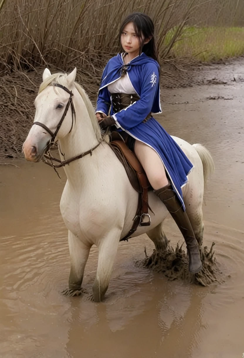 Anatomically correct構図,stuck in mud,(((masterpiece))),(((Highest quality))),((Tabletop:1.4, Highest quality)), (Realな写真:1.4), in the muddy river,dirty swamp,black hair and white horse ridden by girl meet with an accident that it fall over sticky swamp,Sweaty girl,
((1 cute girl knight)),rodeo,horse standing,Surprised face,stumble,aggressive,slouch,horse standing, prancing horse in pitfall,cute,Napoléon horse sliped in pitfall,in the pitfall,Uplifting,Knight Princess,
(超High resolution:1.2),, wonderful, Very detailed CG Unity 8k wallpaper, Very detailed, High resolution,fat horse ridden by japanese girl,Double,Royal blue armor and short cloak,Soaking in the swamp,Mud Splash,
Soft Light, Beautiful detailed girl, Droopy eyes,Very detailedな目と顔, Beautiful and exquisite nose, Beautiful and exquisite,  horse ridden by a girl can't stand up because its drowned in the sticky muddy pitfall:10.0 ,Displeased face:4.0,Real,Stir,Anatomically correct,action horse riding scene while struggle fighting