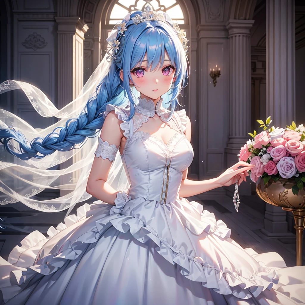 Sky Blue Medium Hair, (Braided Hair),(Pink Eyes),Fair skin ,(whole body),(1 girl),bride,blush,Straight bangs, 6月のbride,Wedding dress,(masterpiece, Highest quality, Very detailed, Best Shadow), (Detailed Background), (Beautifully detailed face), High Contrast, (Best lighting, Very delicate and beautiful), ((Cinematic Light)), colorful, Hyper Detail, Dramatic Light, Intricate details,Wedding hall,