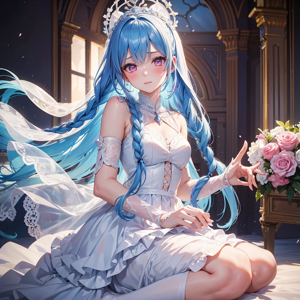 Sky Blue Medium Hair, (Braided Hair),(Pink Eyes),Fair skin ,(whole body),(1 girl),bride,blush,Straight bangs, 6月のbride,Wedding dress,(masterpiece, Highest quality, Very detailed, Best Shadow), (Detailed Background), (Beautifully detailed face), High Contrast, (Best lighting, Very delicate and beautiful), ((Cinematic Light)), colorful, Hyper Detail, Dramatic Light, Intricate details,Wedding hall,