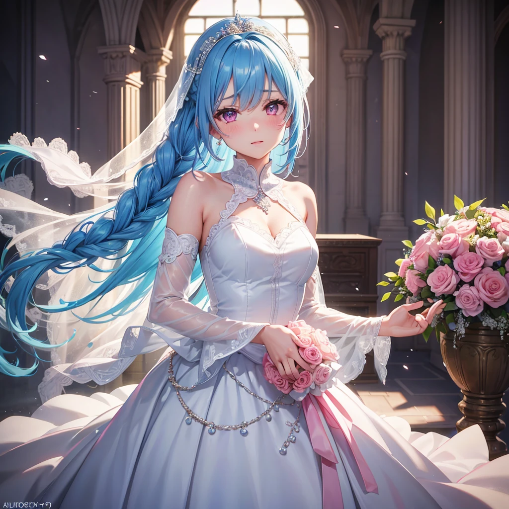 Sky Blue Medium Hair, (Braided Hair),(Pink Eyes),Fair skin ,(whole body),(1 girl),bride,blush,Straight bangs, 6月のbride,Wedding dress,(masterpiece, Highest quality, Very detailed, Best Shadow), (Detailed Background), (Beautifully detailed face), High Contrast, (Best lighting, Very delicate and beautiful), ((Cinematic Light)), colorful, Hyper Detail, Dramatic Light, Intricate details,Wedding hall,