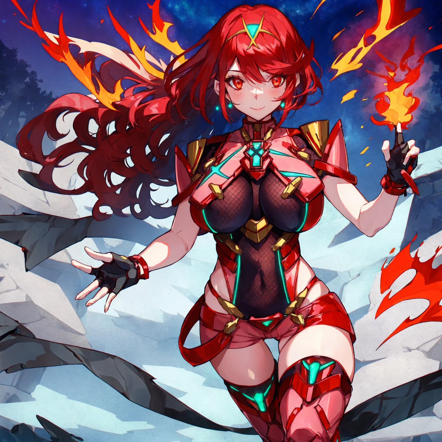 pyra \(xenoblade\), young_teen_1girl, armor, bangs, black gloves, breasts, red eyes, closed mouth, earrings, eyelashes, fingerless gloves, floating hair, framed breasts, gem, gloves, hair ornament, headpiece, jewelry, big_breasts, leaning back, leotard, neon trim, official art, pose, red hair, red shorts, saitou masatsugu, short hair, short shorts, short sleeves, shorts, sidelocks, skin tight, solo, standing, swept bangs, thighhighs, tiara, night_prairie_background, turtleneck, underbust, vambraces, xenoblade chronicles \(series\), (xenoblade chronicles 2), apart_legs, fire_effect,dynamic_pose_fighting,light_smile, (plump:1.1), big_ass,huge_sword, hold_large_sword_hilt, solo, covered_nipples, covered_pussy,