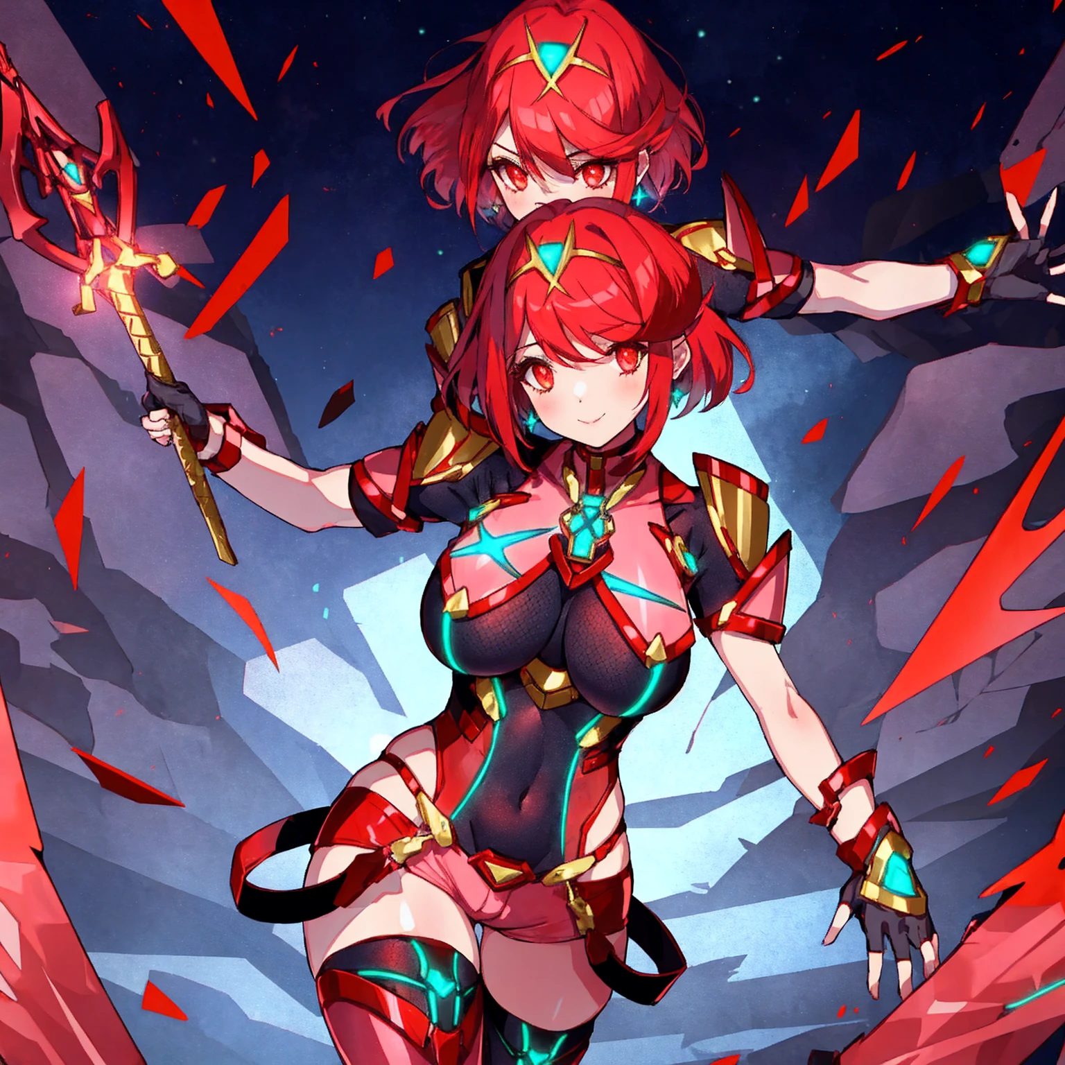 pyra \(xenoblade\), young_teen_1girl, armor, bangs, black gloves, breasts, red eyes, closed mouth, earrings, eyelashes, fingerless gloves, floating hair, framed breasts, gem, gloves, hair ornament, headpiece, jewelry, big_breasts, leaning back, leotard, neon trim, official art, pose, red hair, red shorts, saitou masatsugu, short hair, short shorts, short sleeves, shorts, sidelocks, skin tight, solo, standing, swept bangs, thighhighs, tiara, night_prairie_background, turtleneck, underbust, vambraces, xenoblade chronicles \(series\), (xenoblade chronicles 2), apart_legs, fire_effect,dynamic_pose_fighting,light_smile, (plump:1.1), big_ass,huge_sword, hold_large_sword_hilt, solo, covered_nipples, covered_pussy,