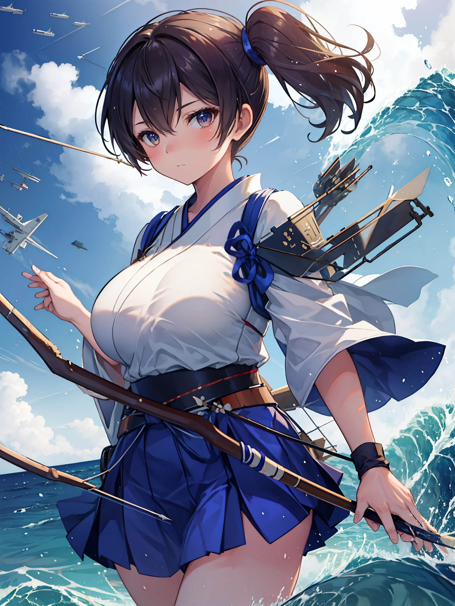 Kaga(Fleet Collection),highest quality, masterpiece, High resolution,kimono,blue skirt,side ponytail,big_breasts,solo,Japanese_bow&arrow,dynamic_posing,half_eyes,solo,plump,sea_landscape_background,waves