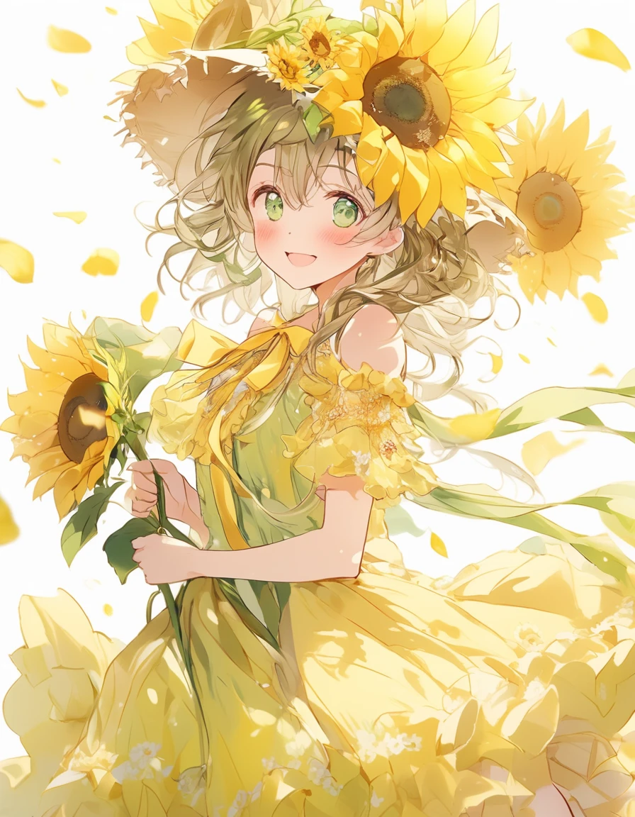 (close up face:0.7), dynamic angle, ultra detailed beautiful moe anime, ultra intricate, pastel color, (a lot of frills), smile, The frilly dress with a sunflower motif emits a brightness as if it is wearing the summer sunshine. The dress is decorated with yellow and green frills like sunflower petals, which sway lightly with every movement. A large sunflower is painted in the center of the dress