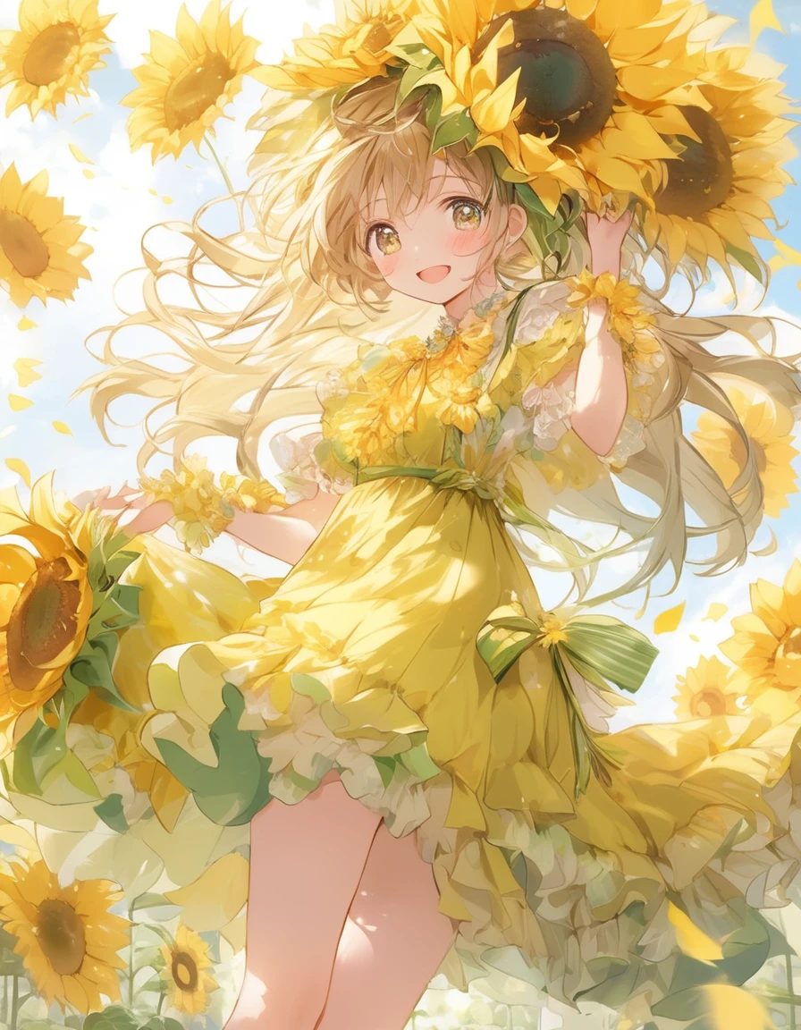 (close up face:0.7), dynamic angle, ultra detailed beautiful moe anime, ultra intricate, pastel color, (a lot of frills), smile, The frilly dress with a sunflower motif emits a brightness as if it is wearing the summer sunshine. The dress is decorated with yellow and green frills like sunflower petals, which sway lightly with every movement. A large sunflower is painted in the center of the dress