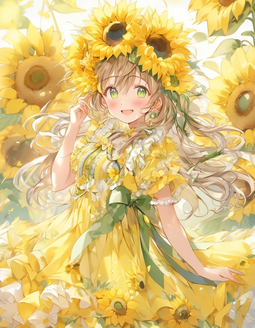 (close up face:0.7), dynamic angle, ultra detailed beautiful moe anime, ultra intricate, pastel color, (a lot of frills), smile, The frilly dress with a sunflower motif emits a brightness as if it is wearing the summer sunshine. The dress is decorated with yellow and green frills like sunflower petals, which sway lightly with every movement. A large sunflower is painted in the center of the dress