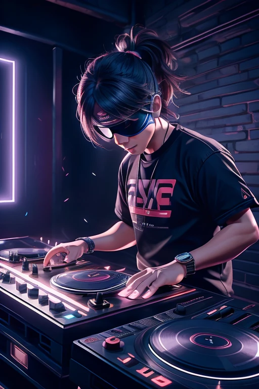 (Highly detailed CG Unity 8k wallpaper), The most beautiful works of art in the world,A blindfolded man is playing a game, Portrait of Tadashi Nakayama, Flicker, funk art, Turntablist, portrait of lucha libre DJ, turntablism DJ scratching, DJ, DJ set, DJ rave party, DJ at a , Photo of three laborers, DJ sura, DJing with DJ turntables