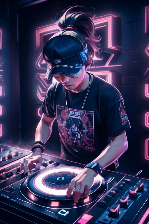 (Highly detailed CG Unity 8k wallpaper), The most beautiful works of art in the world,A blindfolded man is playing a game, Portrait of Tadashi Nakayama, Flicker, funk art, Turntablist, portrait of lucha libre DJ, turntablism DJ scratching, DJ, DJ set, DJ rave party, DJ at a , Photo of three laborers, DJ sura, DJing with DJ turntables