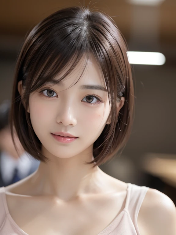 Tabletop, Highest quality, Realistic, Very detailed, finely, High resolution, 8k wallpaper, Cinema Lighting、1 person、Beautiful Japanese Women、30 years old、light brown straight bob hair, Wear a business suit、Wear clothes that cover your shoulders、, (Blurred Background、In the conference room、noon、Light of the sun)、Sharp focus, Perfect dynamic composition, Narrow eyes:1.5, finelyて美しい目, Thin Hair, Detailed and Realistic skin texture, ((Sweat, blush, Open your mouth:1.3)), Close-up portrait, Model body type、smile、clavicle、Troubled face